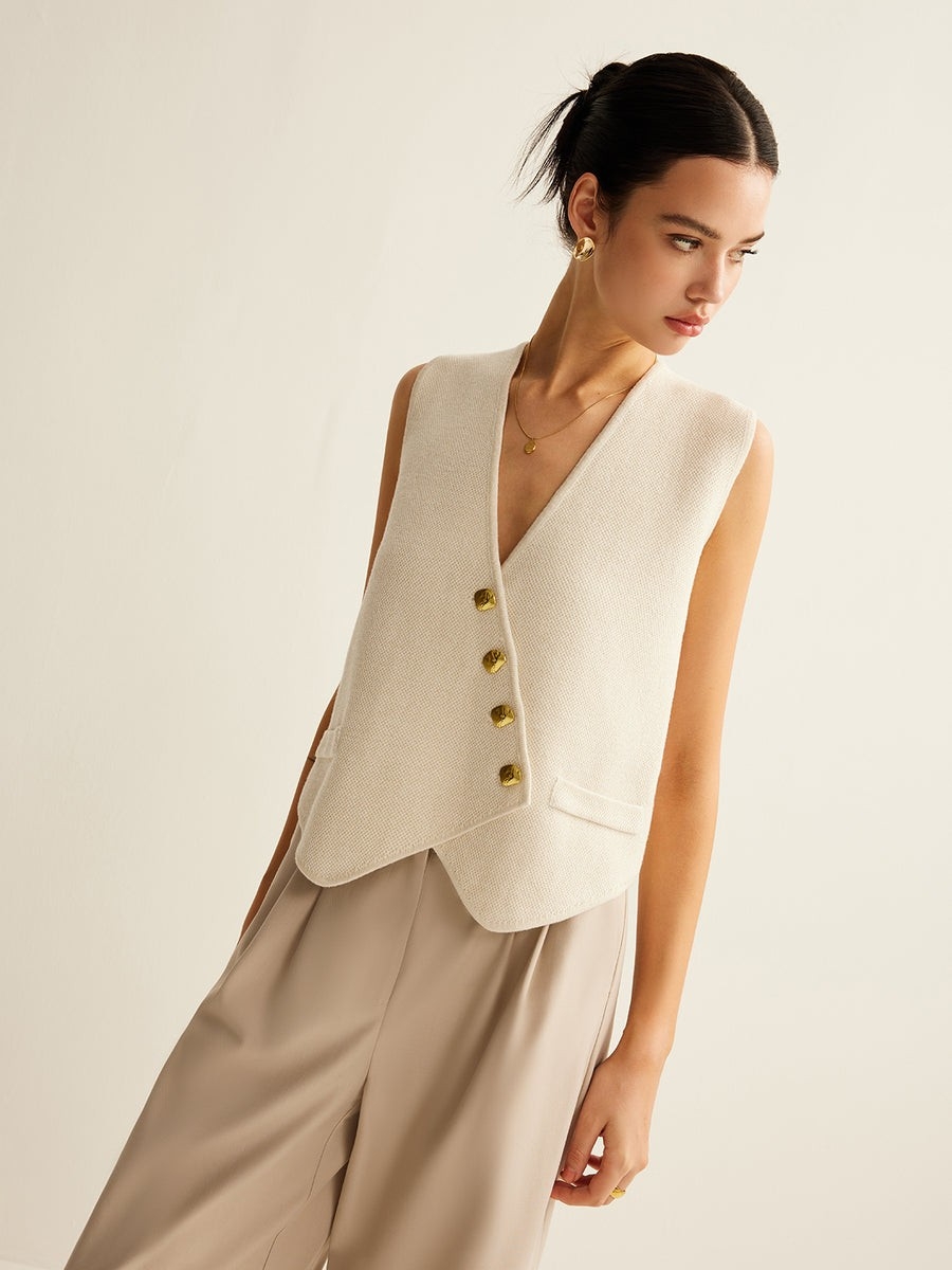 Commense Cream Textured V-Neck Vest With Gold Buttons